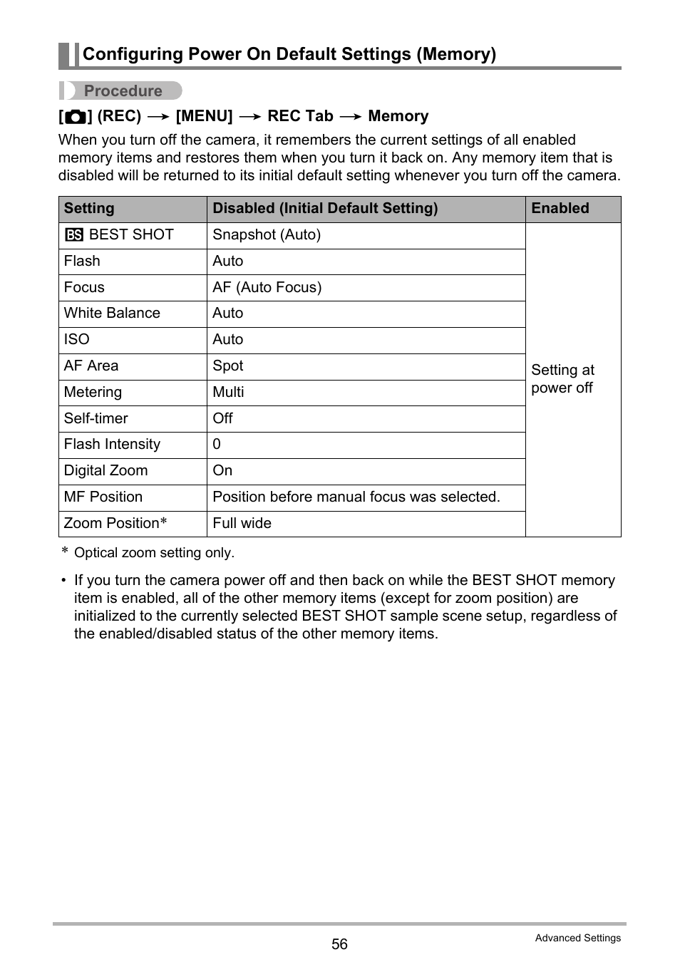 Configuring power on default settings (memory) | Casio EXILIM EX-Z19 User Manual | Page 56 / 139