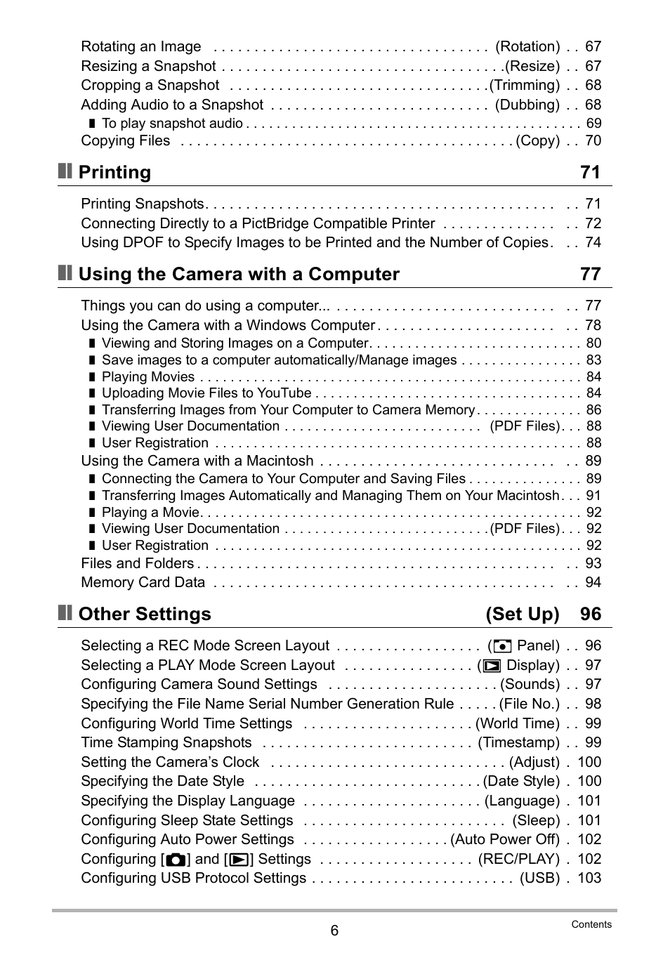 Printing 71, Using the camera with a computer 77, Other settings (set up) 96 | Casio EXILIM EX-Z19 User Manual | Page 6 / 139