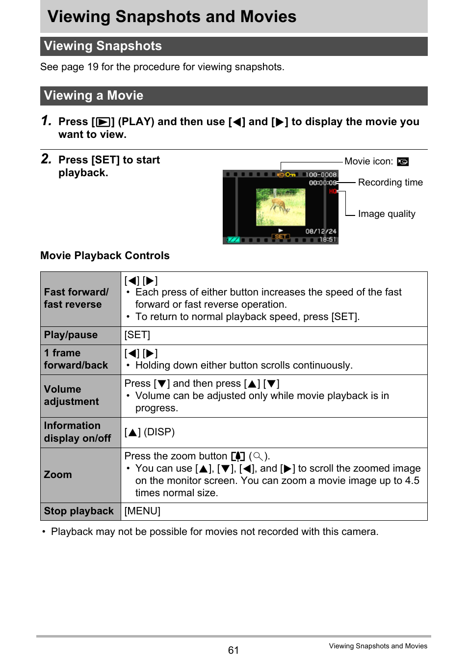 Viewing snapshots and movies, Viewing snapshots, Viewing a movie | Viewing snapshots viewing a movie, Age 61 | Casio EXILIM EX-Z19 User Manual | Page 61 / 139