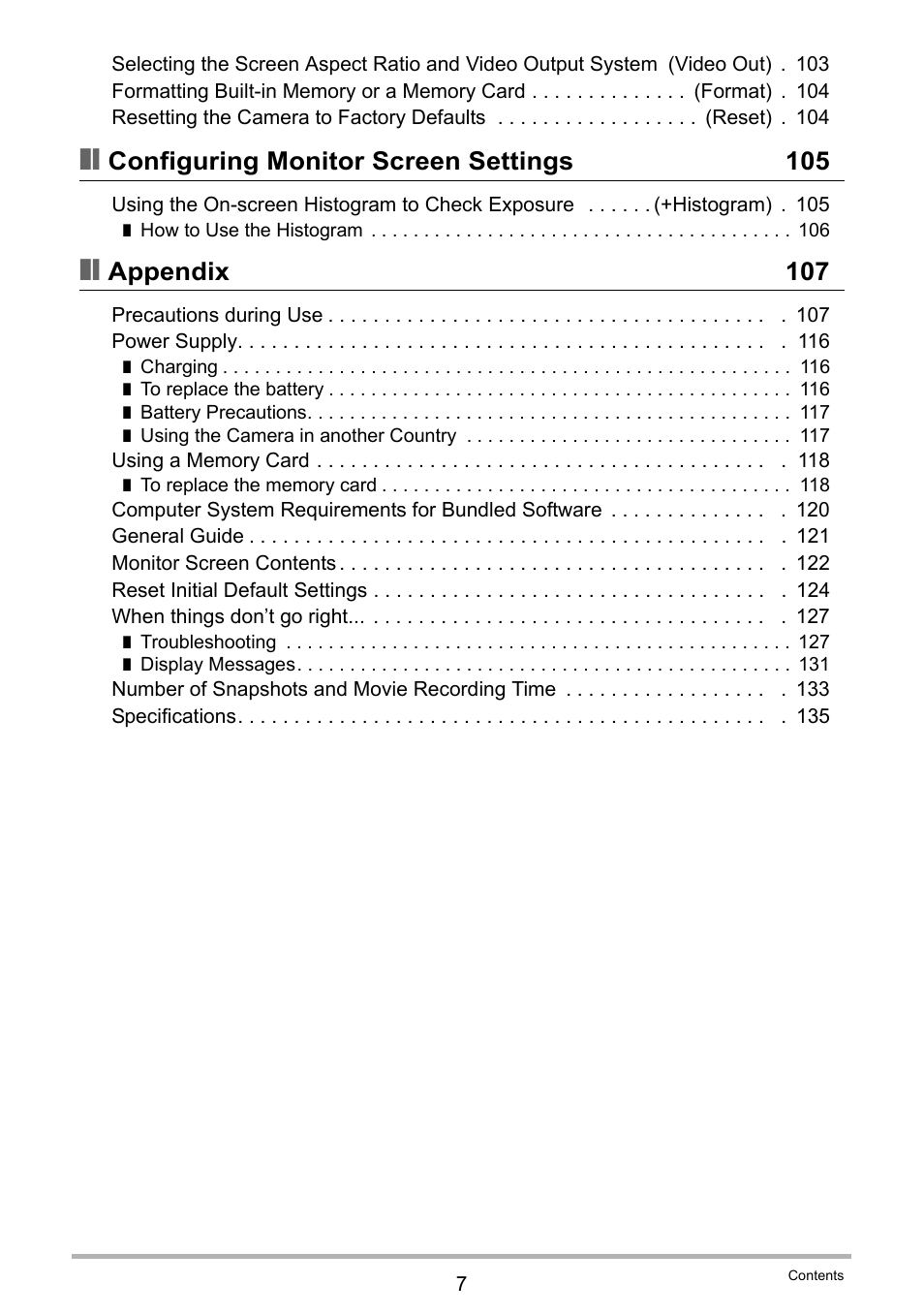 Configuring monitor screen settings 105, Appendix 107 | Casio EXILIM EX-Z19 User Manual | Page 7 / 139