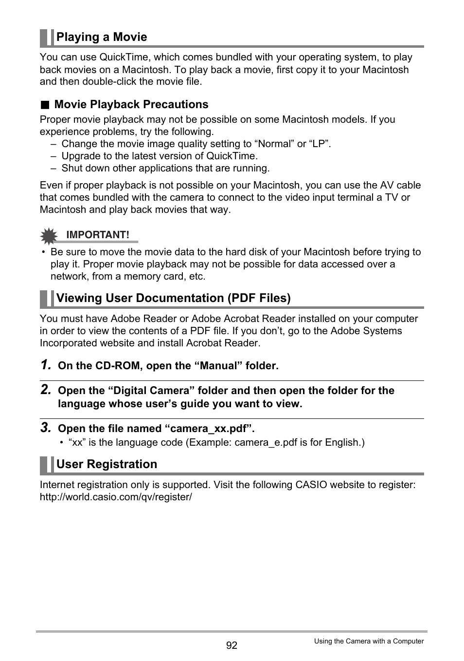 Playing a movie, Viewing user documentation (pdf files), User registration | Casio EXILIM EX-Z19 User Manual | Page 92 / 139