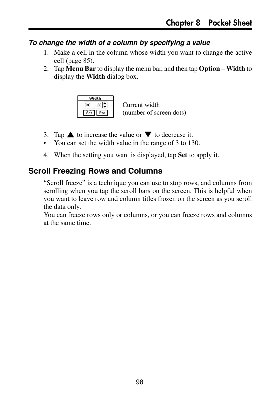 Scroll freezing rows and columns, Chapter 8 pocket sheet | Casio PV-S460/PV-S660 User Manual | Page 100 / 187