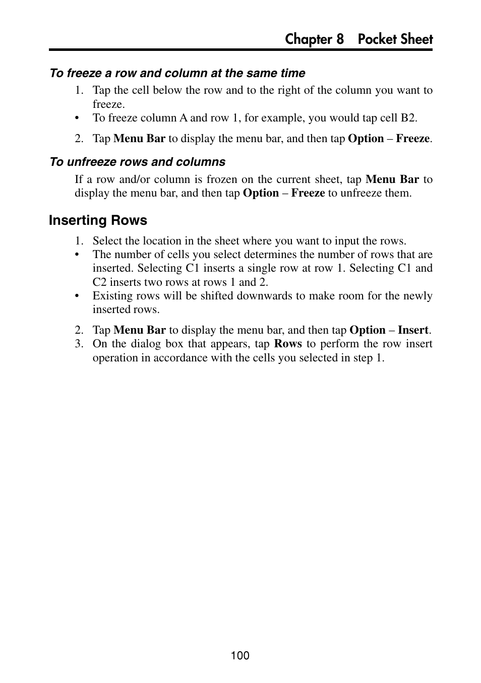 Inserting rows, Chapter 8 pocket sheet | Casio PV-S460/PV-S660 User Manual | Page 102 / 187