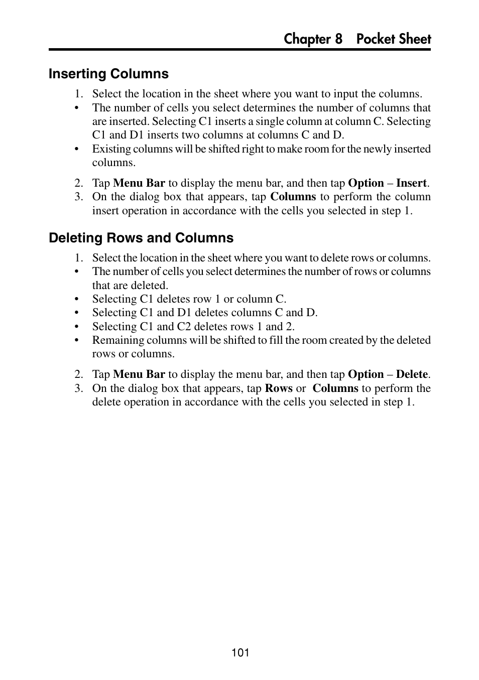 Inserting columns, Deleting rows and columns, Chapter 8 pocket sheet inserting columns | Casio PV-S460/PV-S660 User Manual | Page 103 / 187