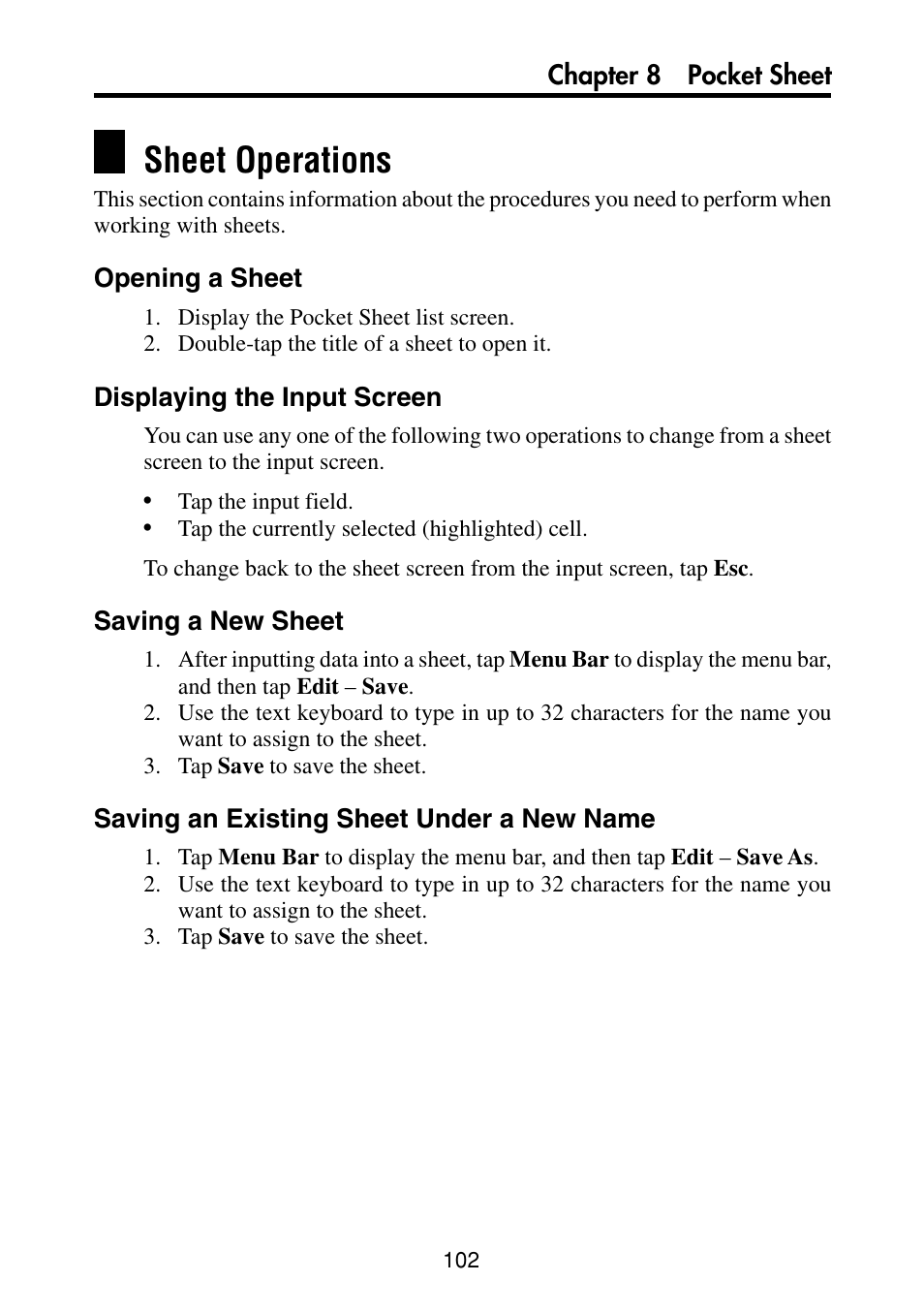 Sheet operations, Opening a sheet, Displaying the input screen | Saving a new sheet, Saving an existing sheet under a new name | Casio PV-S460/PV-S660 User Manual | Page 104 / 187