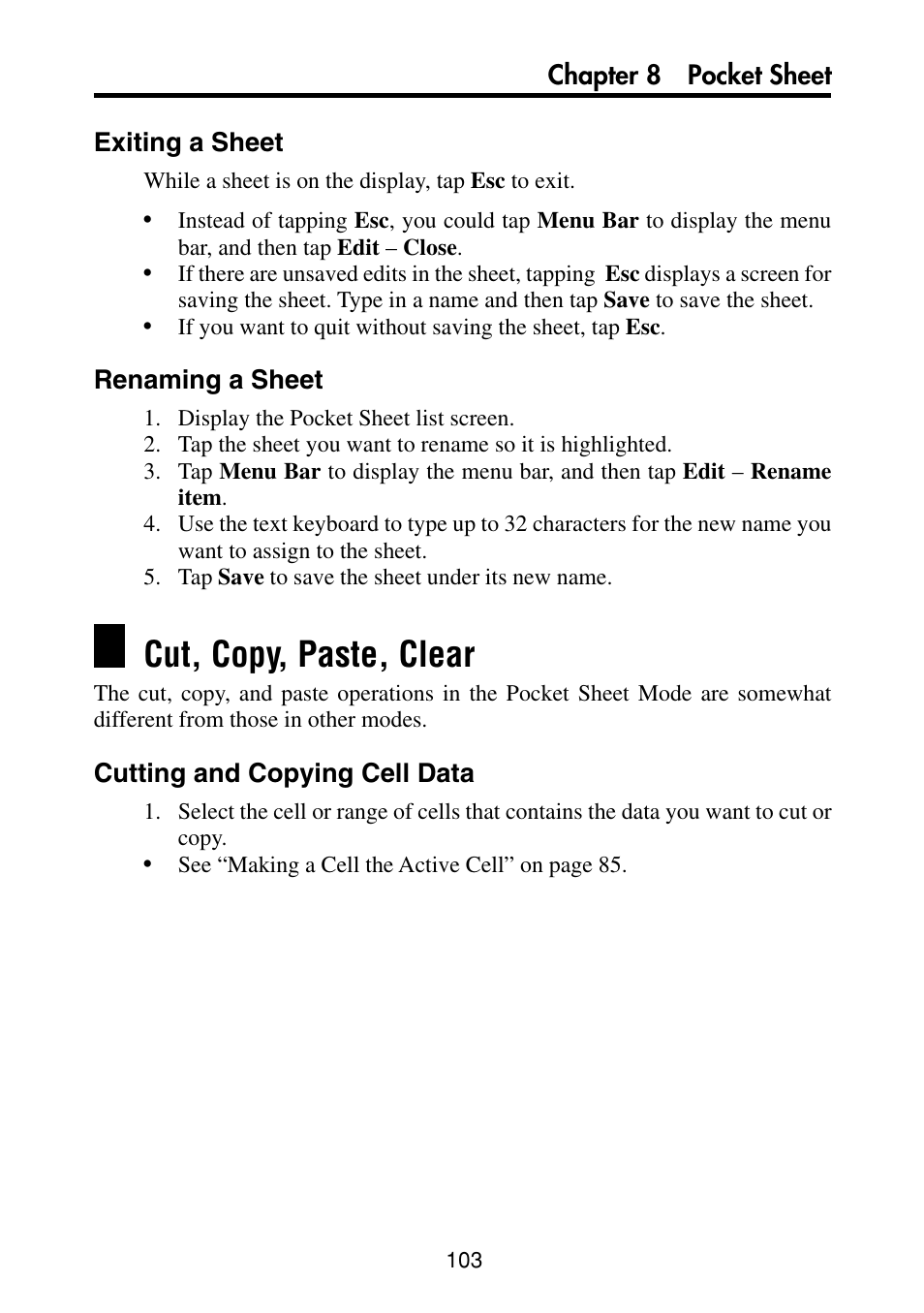 Exiting a sheet, Renaming a sheet, Cut, copy, paste, clear | Cutting and copying cell data | Casio PV-S460/PV-S660 User Manual | Page 105 / 187