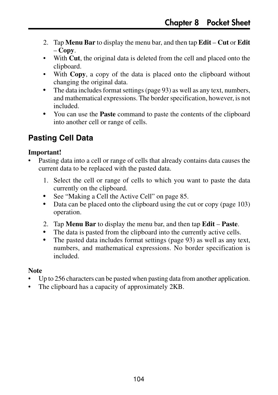 Pasting cell data, Chapter 8 pocket sheet | Casio PV-S460/PV-S660 User Manual | Page 106 / 187