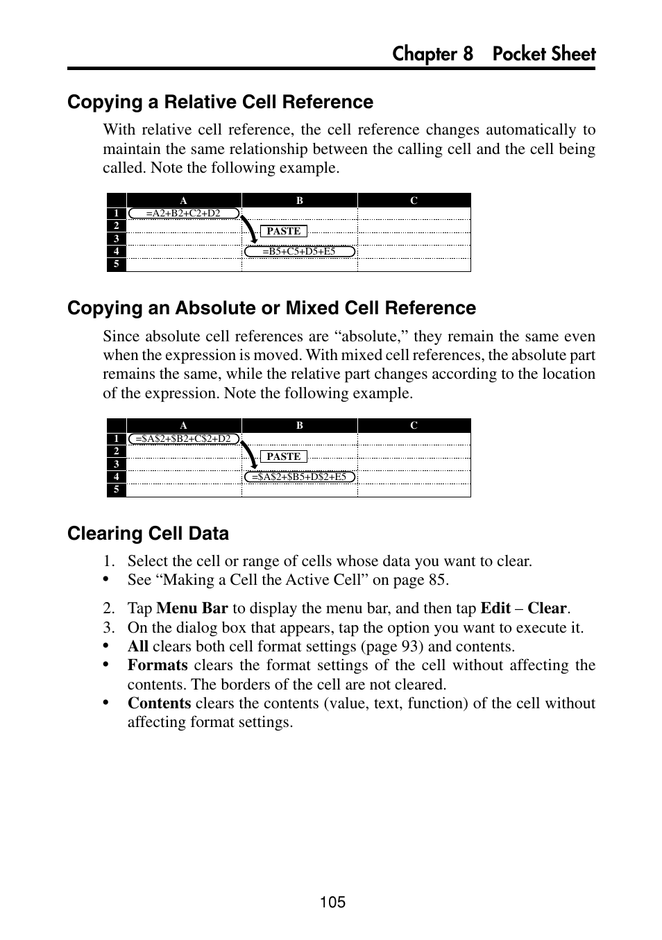 Copying a relative cell reference, Copying an absolute or mixed cell reference, Clearing cell data | Casio PV-S460/PV-S660 User Manual | Page 107 / 187