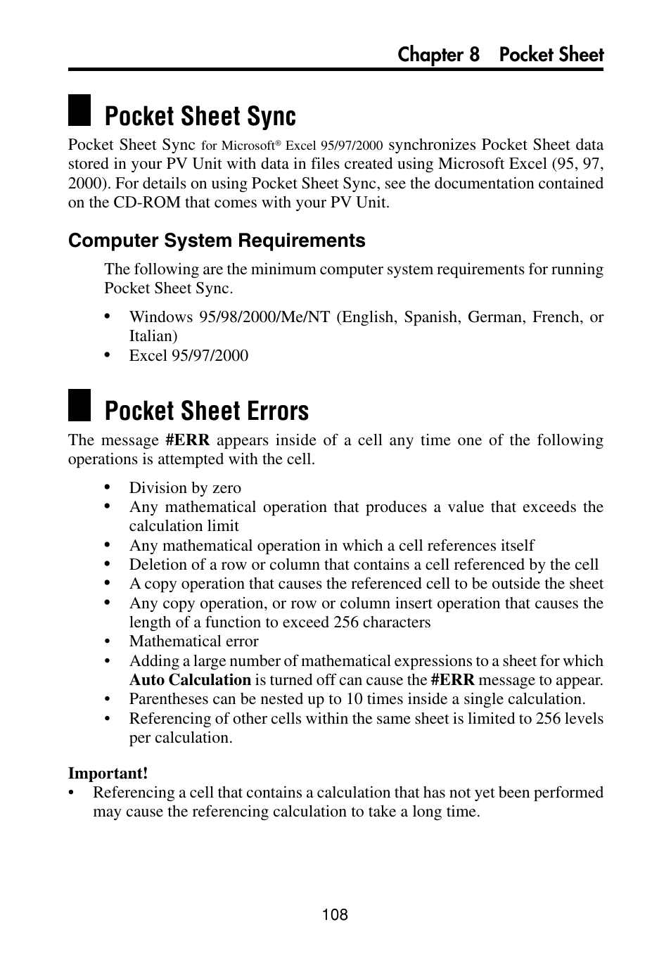 Pocket sheet sync, Computer system requirements, Pocket sheet errors | Chapter 8 pocket sheet | Casio PV-S460/PV-S660 User Manual | Page 110 / 187