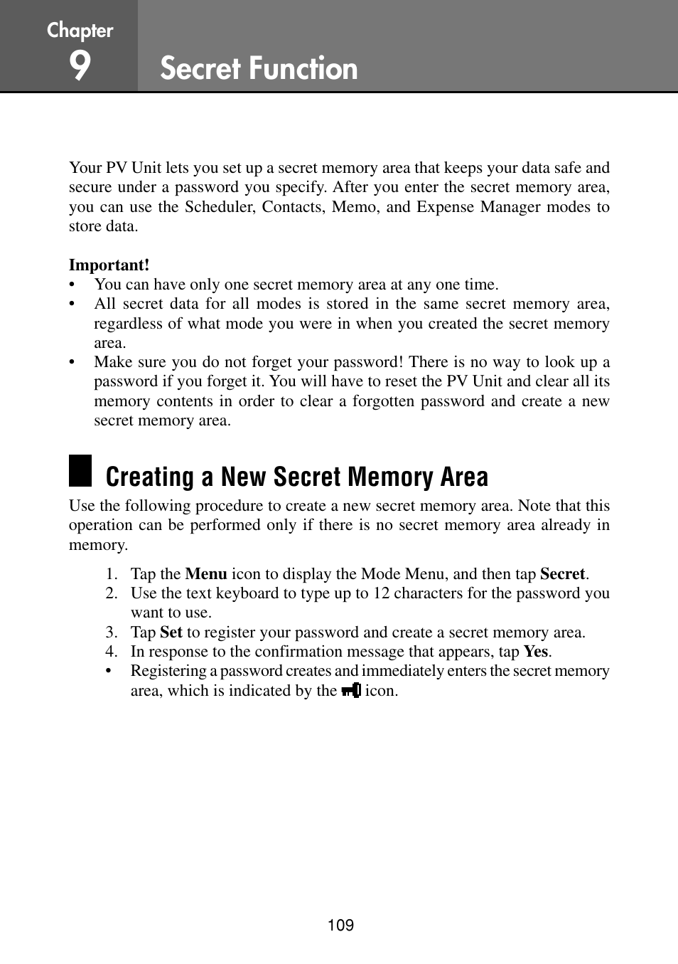 Secret function, Creating a new secret memory area | Casio PV-S460/PV-S660 User Manual | Page 111 / 187