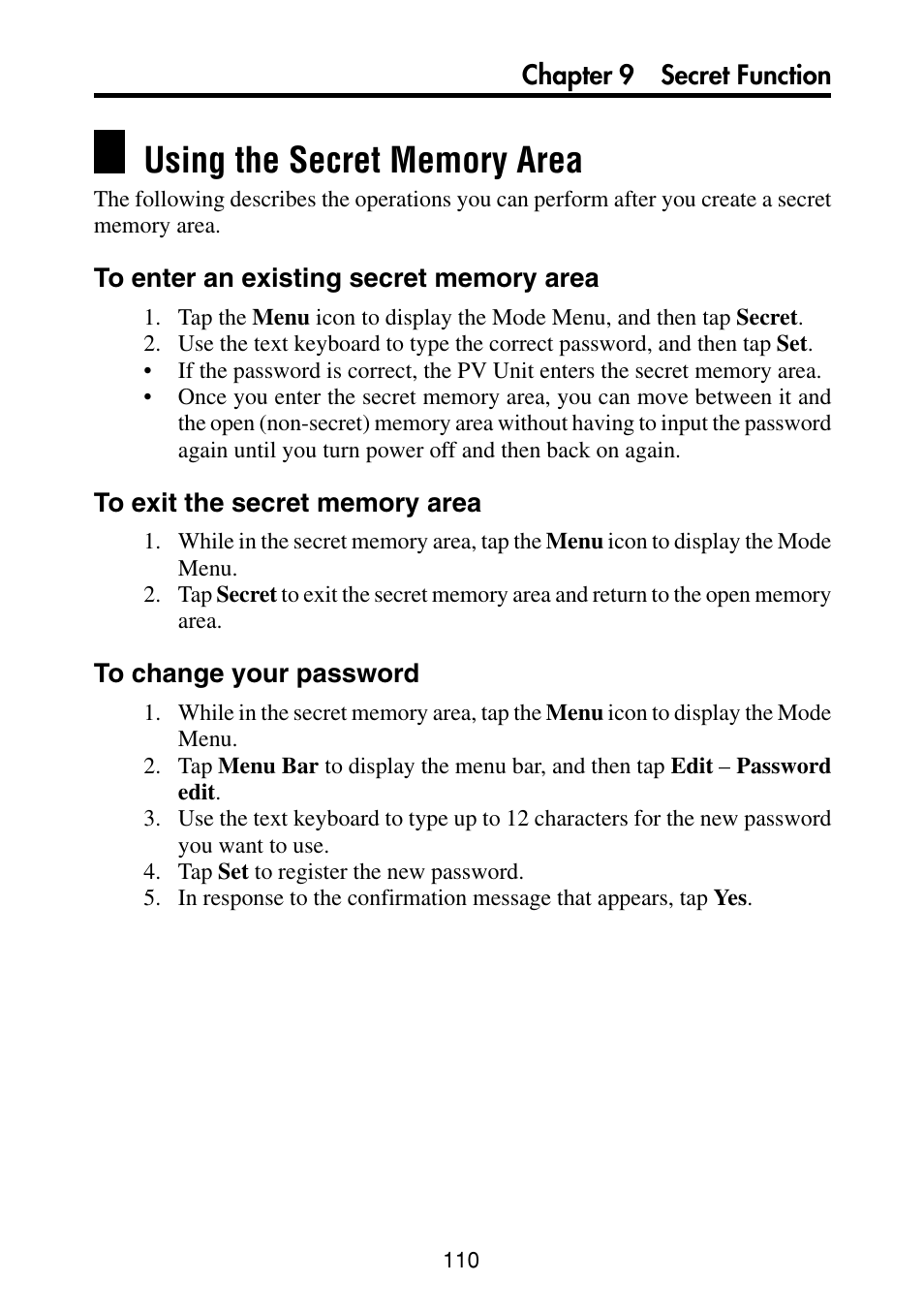 Using the secret memory area, To enter an existing secret memory area, To exit the secret memory area | To change your password | Casio PV-S460/PV-S660 User Manual | Page 112 / 187