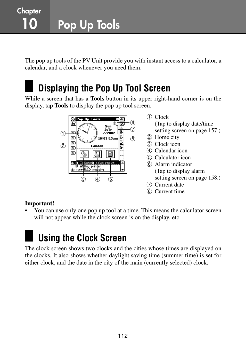 Pop up tools, Displaying the pop up tool screen, Using the clock screen | Casio PV-S460/PV-S660 User Manual | Page 114 / 187