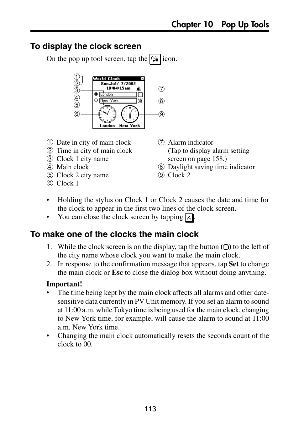 To display the clock screen, To make one of the clocks the main clock | Casio PV-S460/PV-S660 User Manual | Page 115 / 187