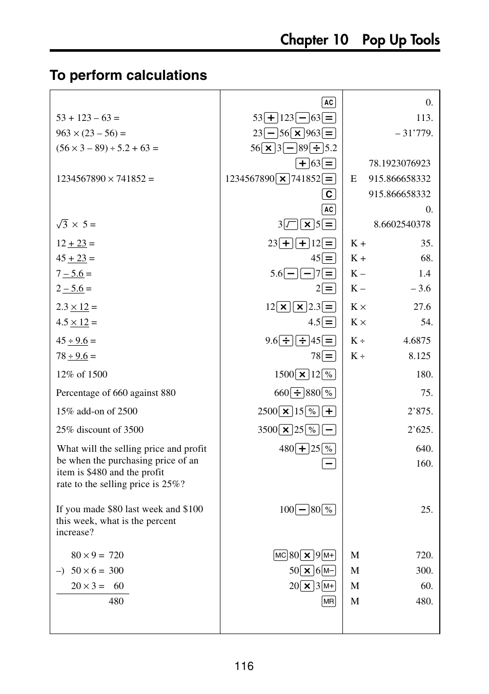 To perform calculations, Chapter 10 pop up tools | Casio PV-S460/PV-S660 User Manual | Page 118 / 187