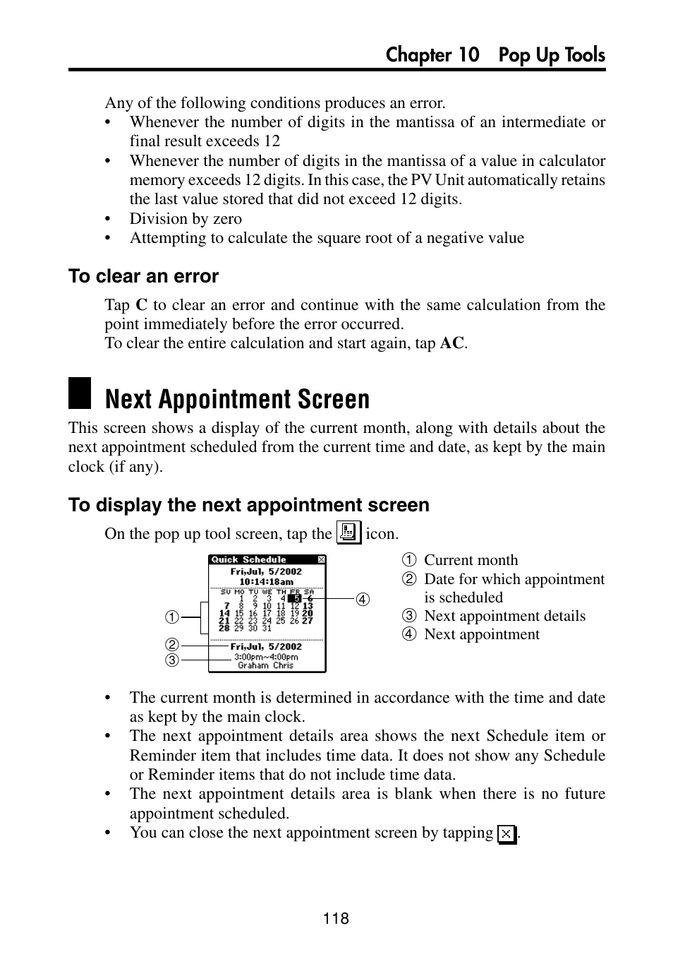 To clear an error, Next appointment screen, To display the next appointment screen | Chapter 10 pop up tools | Casio PV-S460/PV-S660 User Manual | Page 120 / 187