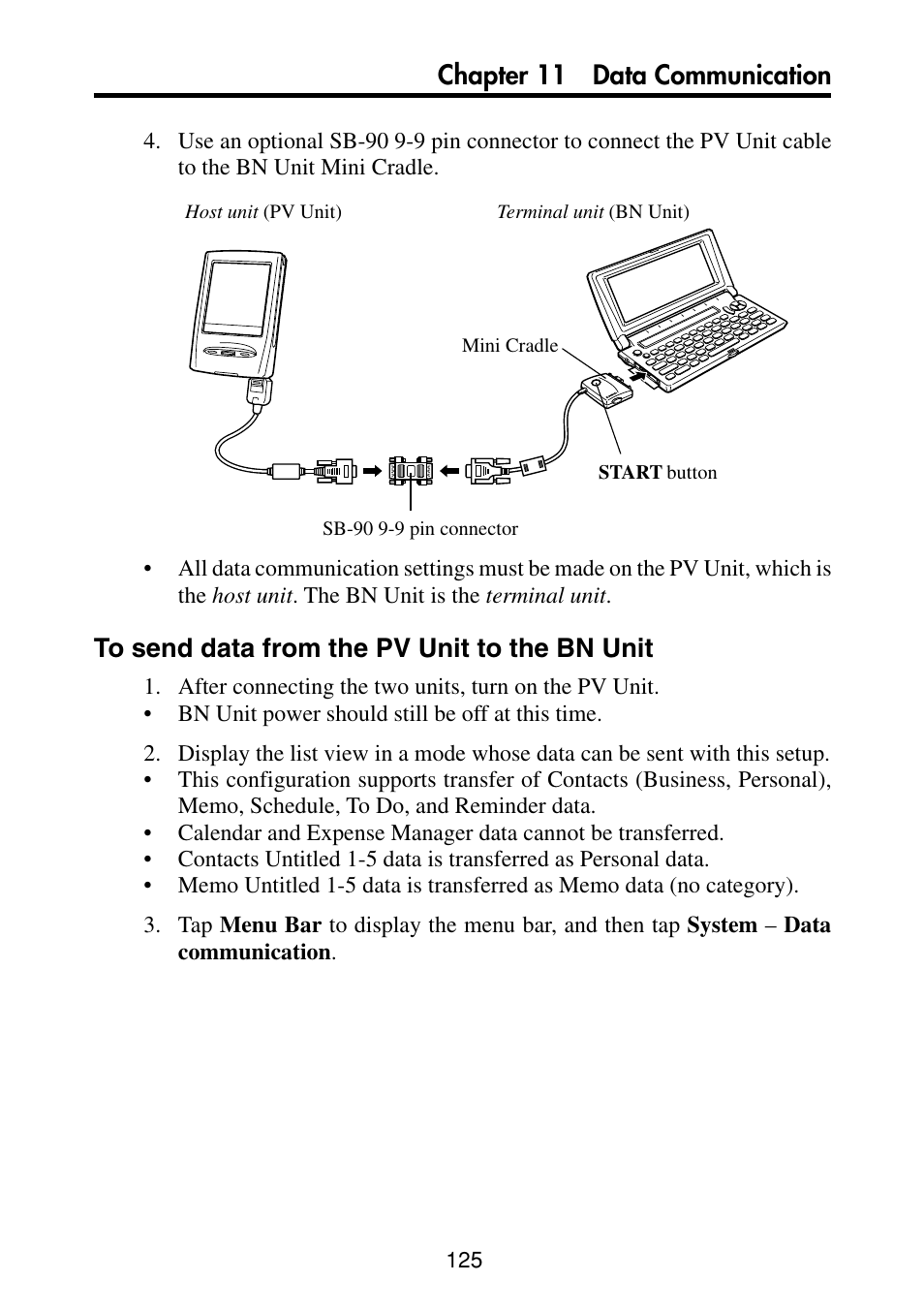 To send data from the pv unit to the bn unit, Chapter 11 data communication | Casio PV-S460/PV-S660 User Manual | Page 127 / 187