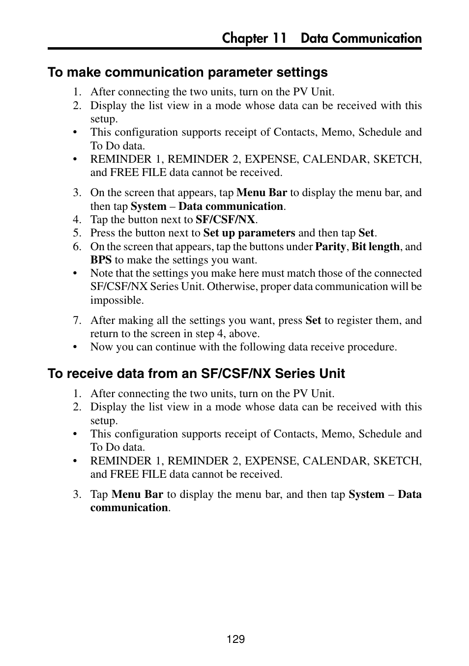 To make communication parameter settings, To receive data from an sf/csf/nx series unit | Casio PV-S460/PV-S660 User Manual | Page 131 / 187