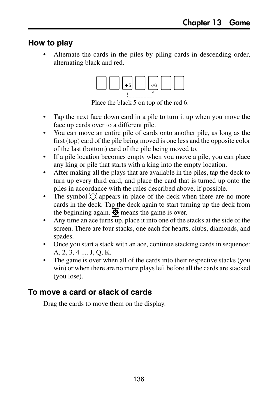 How to play, To move a card or stack of cards, Chapter 13 game how to play | Casio PV-S460/PV-S660 User Manual | Page 138 / 187