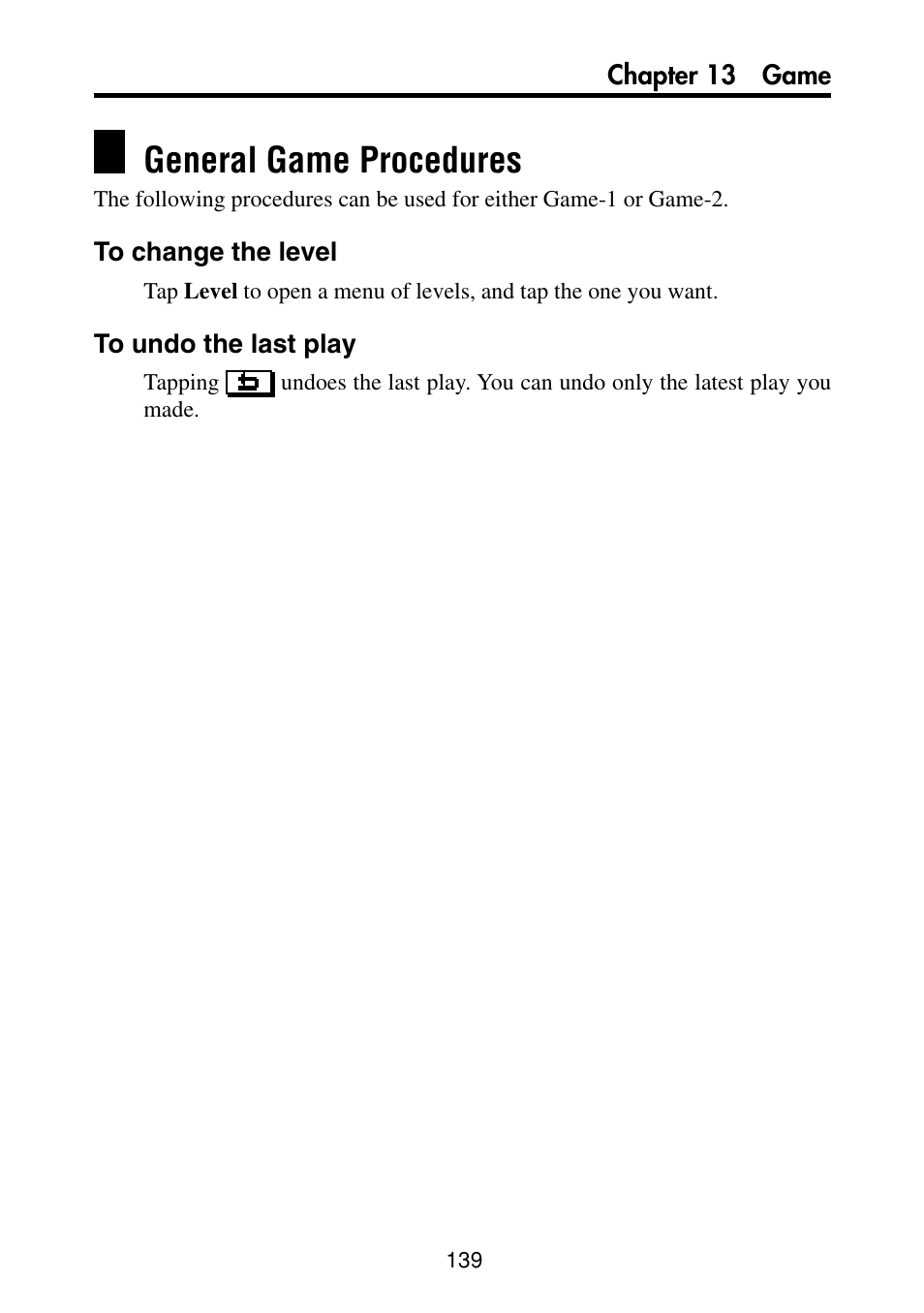 General game procedures, To change the level, To undo the last play | Casio PV-S460/PV-S660 User Manual | Page 141 / 187