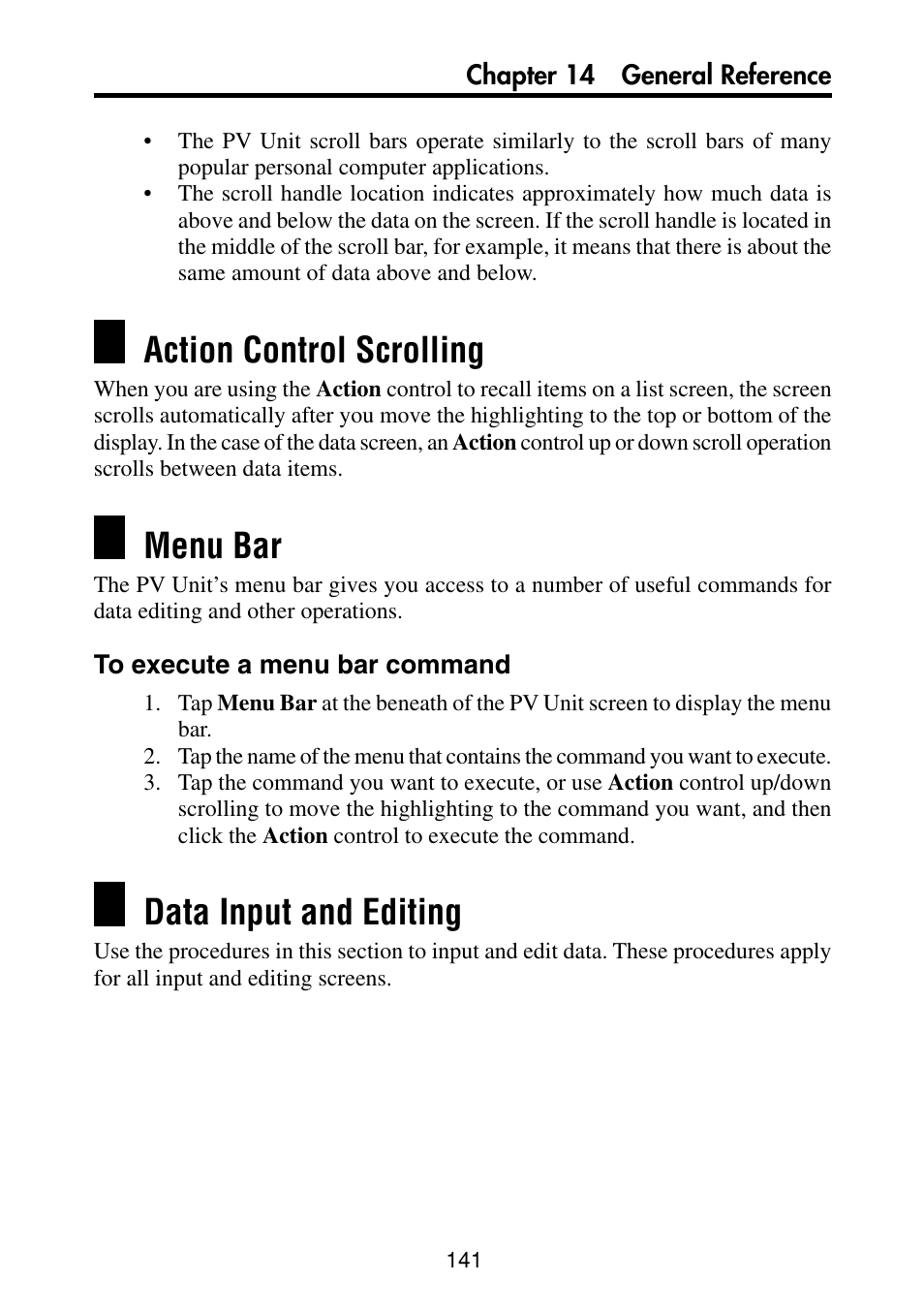 Action control scrolling, Menu bar, To execute a menu bar command | Data input and editing | Casio PV-S460/PV-S660 User Manual | Page 143 / 187