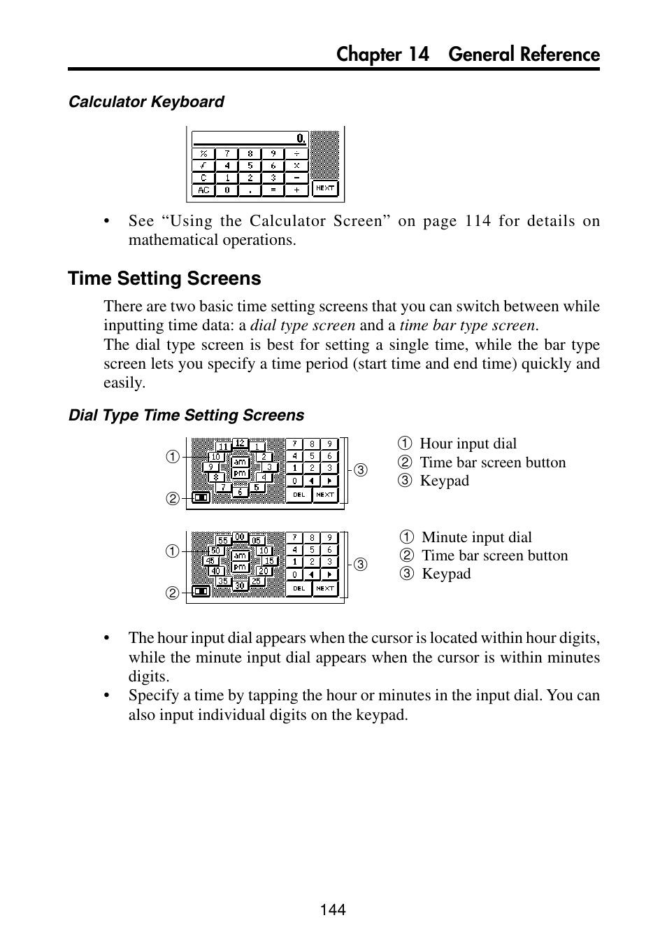 Time setting screens, Chapter 14 general reference | Casio PV-S460/PV-S660 User Manual | Page 146 / 187
