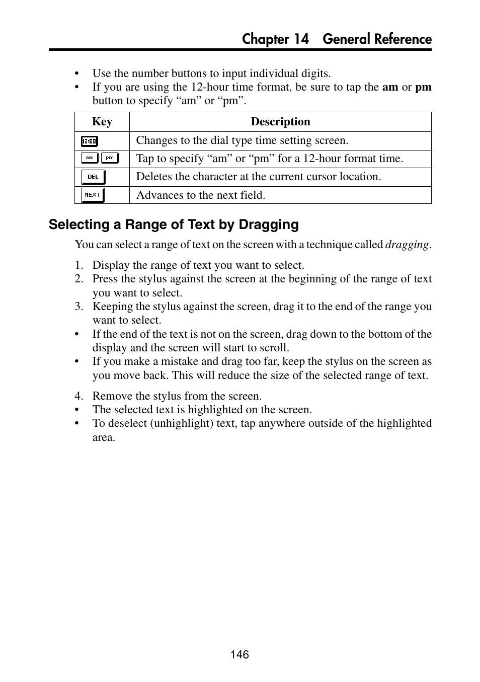 Selecting a range of text by dragging, Chapter 14 general reference | Casio PV-S460/PV-S660 User Manual | Page 148 / 187