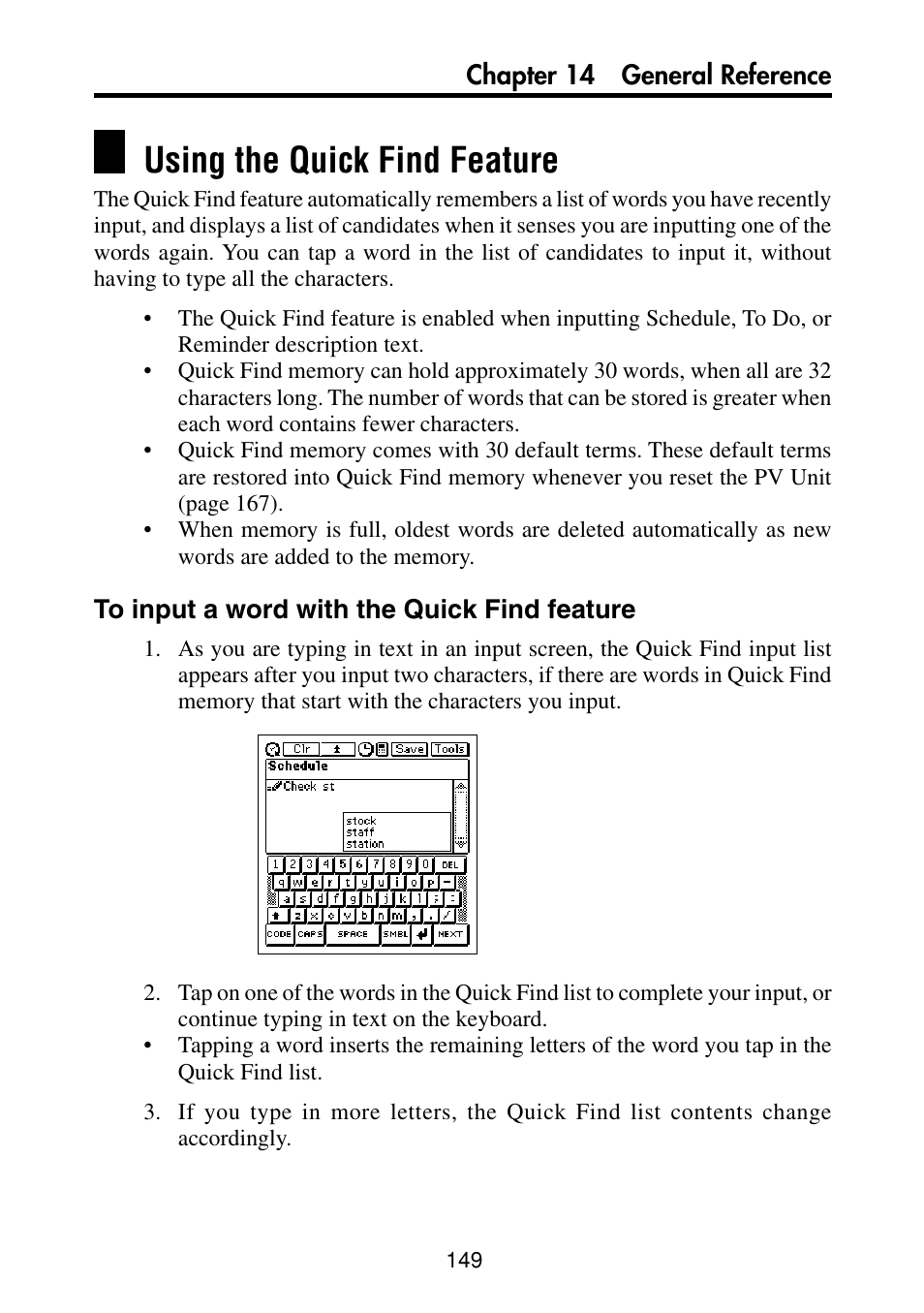 Using the quick find feature, To input a word with the quick find feature | Casio PV-S460/PV-S660 User Manual | Page 151 / 187