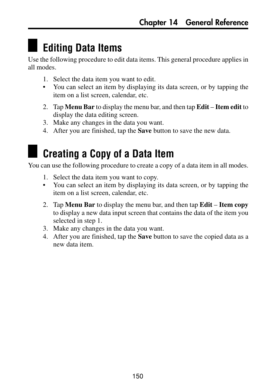 Editing data items, Creating a copy of a data item | Casio PV-S460/PV-S660 User Manual | Page 152 / 187
