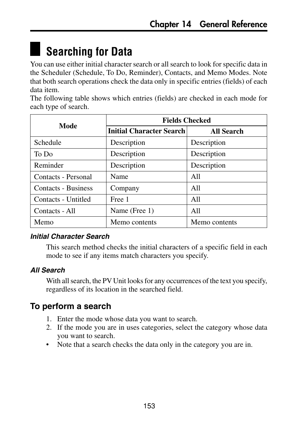 Searching for data, To perform a search, Chapter 14 general reference | Casio PV-S460/PV-S660 User Manual | Page 155 / 187