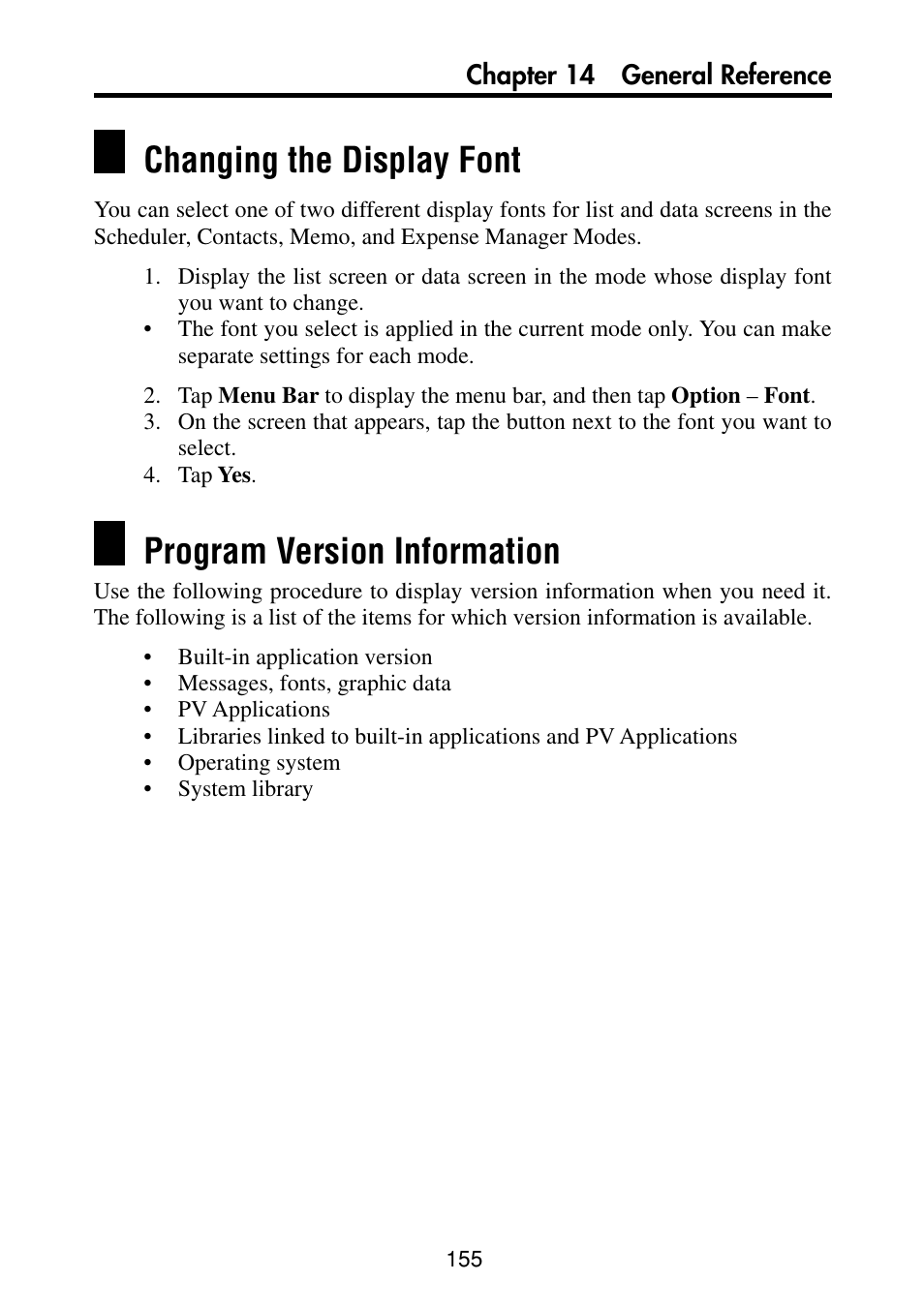 Changing the display font, Program version information | Casio PV-S460/PV-S660 User Manual | Page 157 / 187