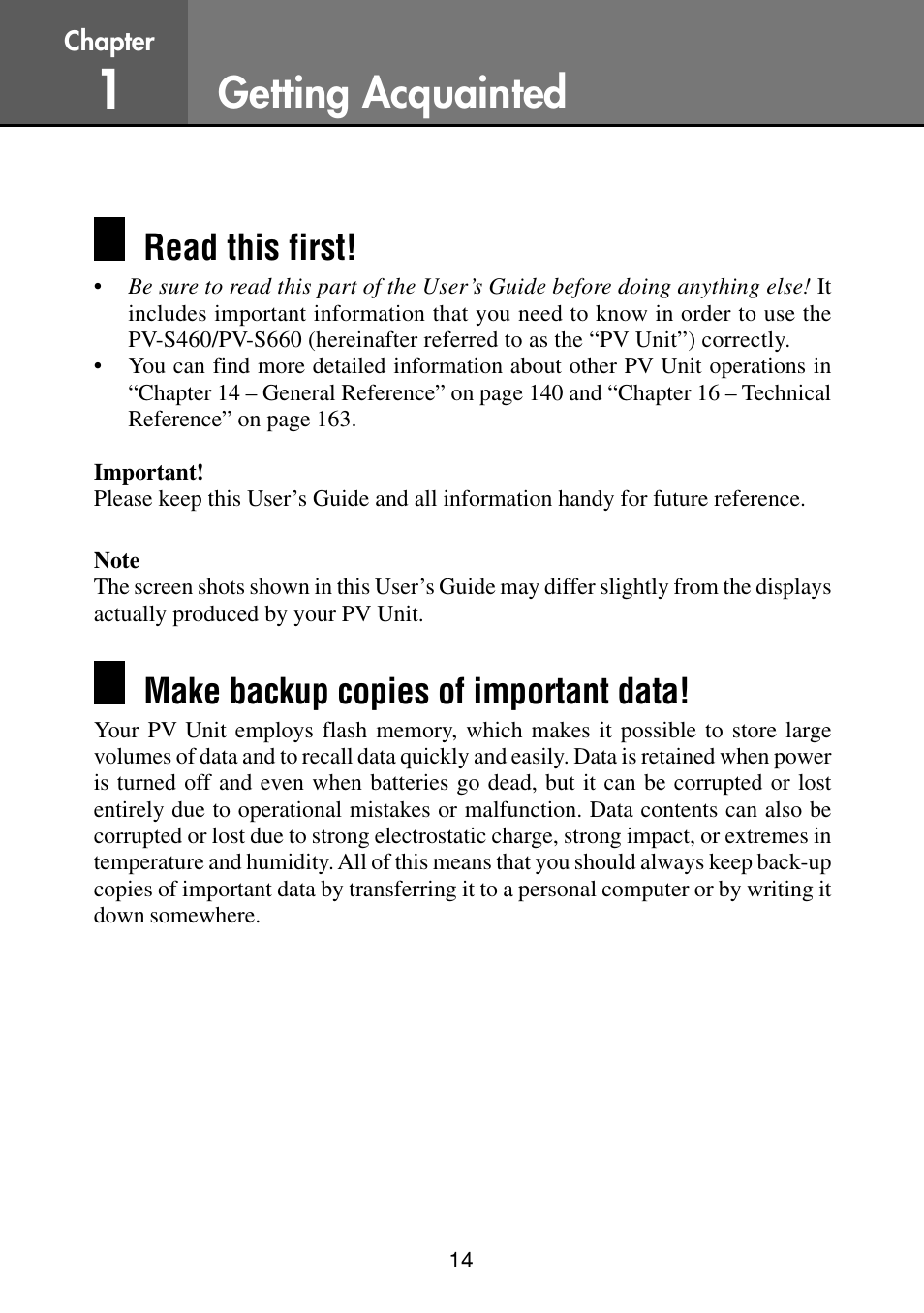 Getting acquainted, Read this first, Make backup copies of important data | Casio PV-S460/PV-S660 User Manual | Page 16 / 187