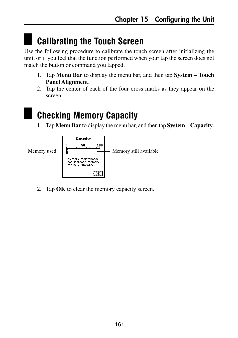 Calibrating the touch screen, Checking memory capacity | Casio PV-S460/PV-S660 User Manual | Page 163 / 187