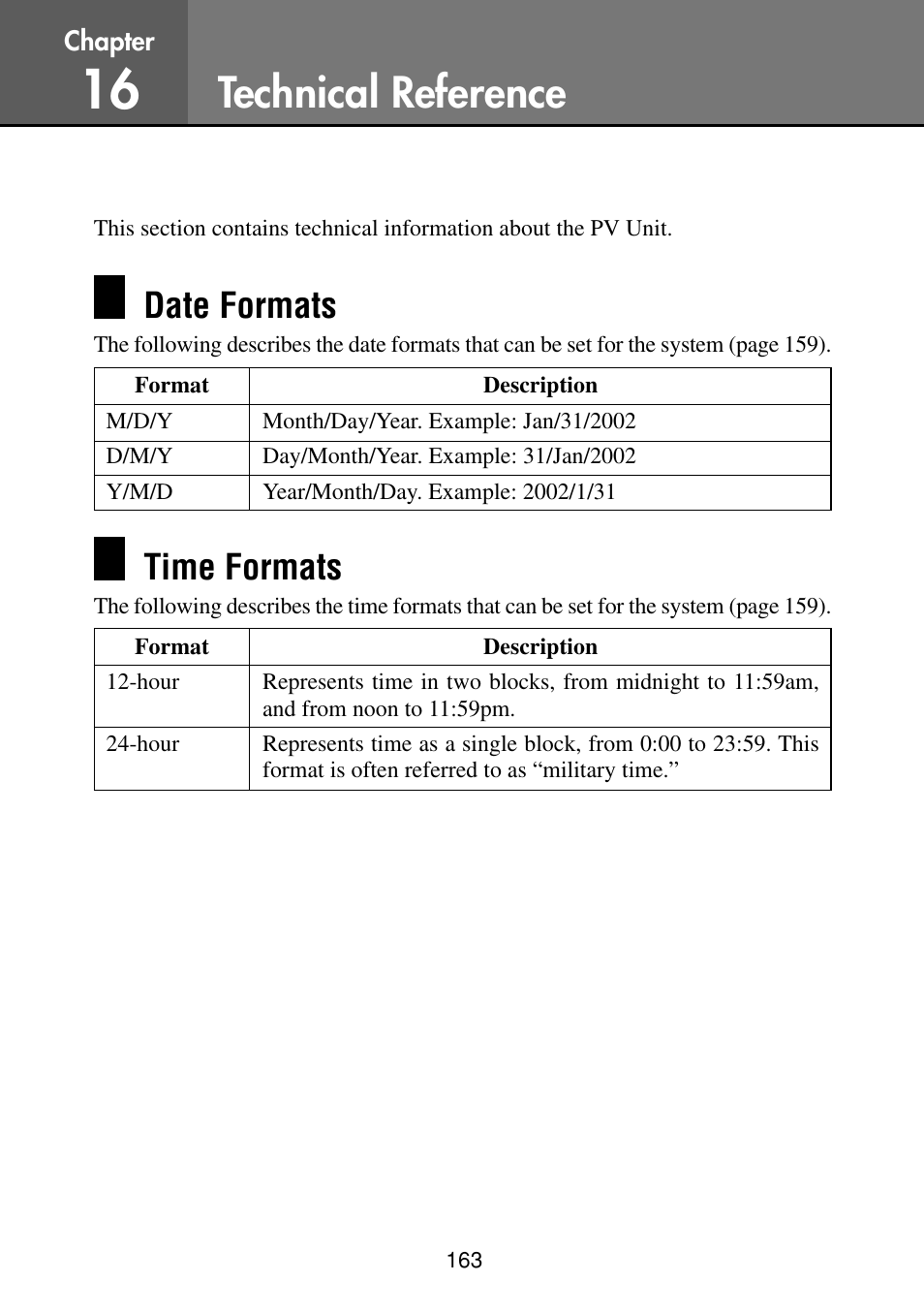 Technical reference, Date formats, Time formats | Casio PV-S460/PV-S660 User Manual | Page 165 / 187