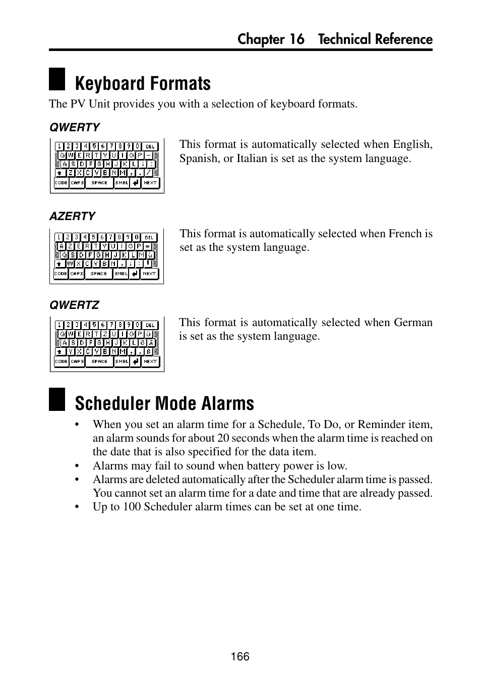 Keyboard formats, Scheduler mode alarms | Casio PV-S460/PV-S660 User Manual | Page 168 / 187