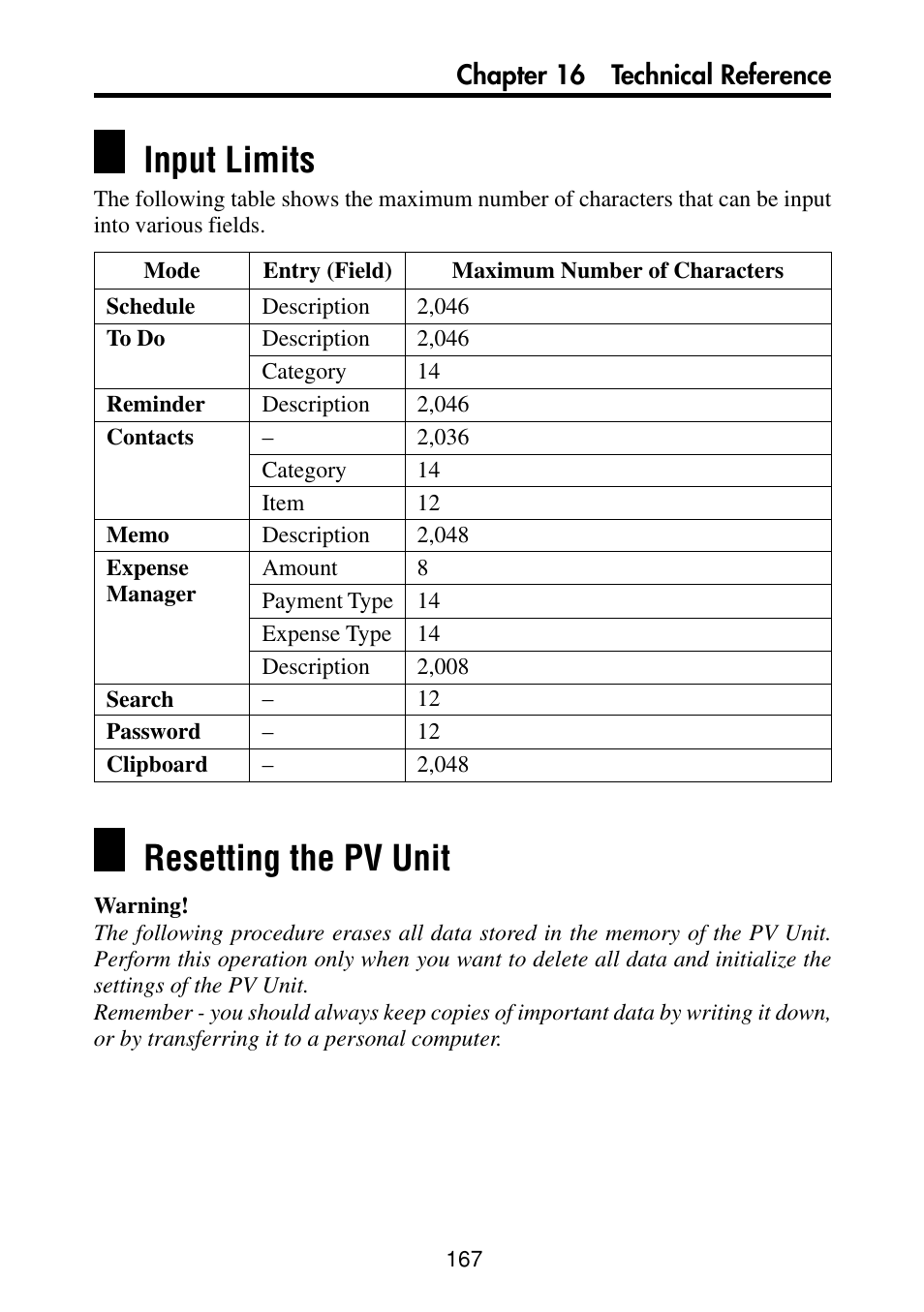Input limits, Resetting the pv unit | Casio PV-S460/PV-S660 User Manual | Page 169 / 187