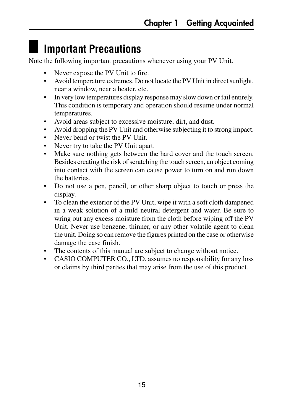Important precautions | Casio PV-S460/PV-S660 User Manual | Page 17 / 187