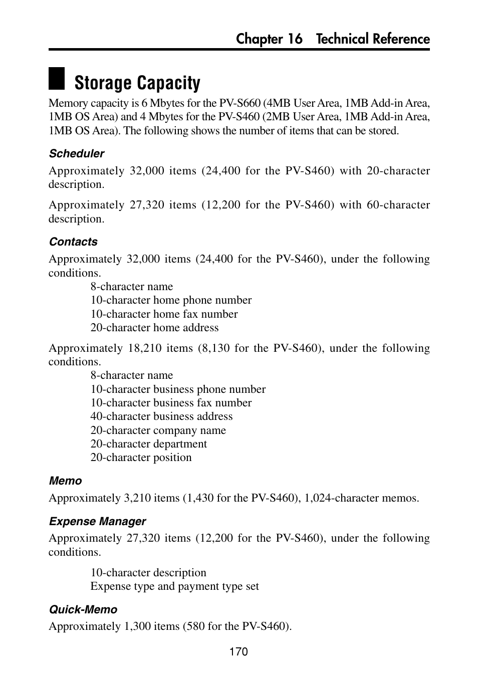 Storage capacity | Casio PV-S460/PV-S660 User Manual | Page 172 / 187