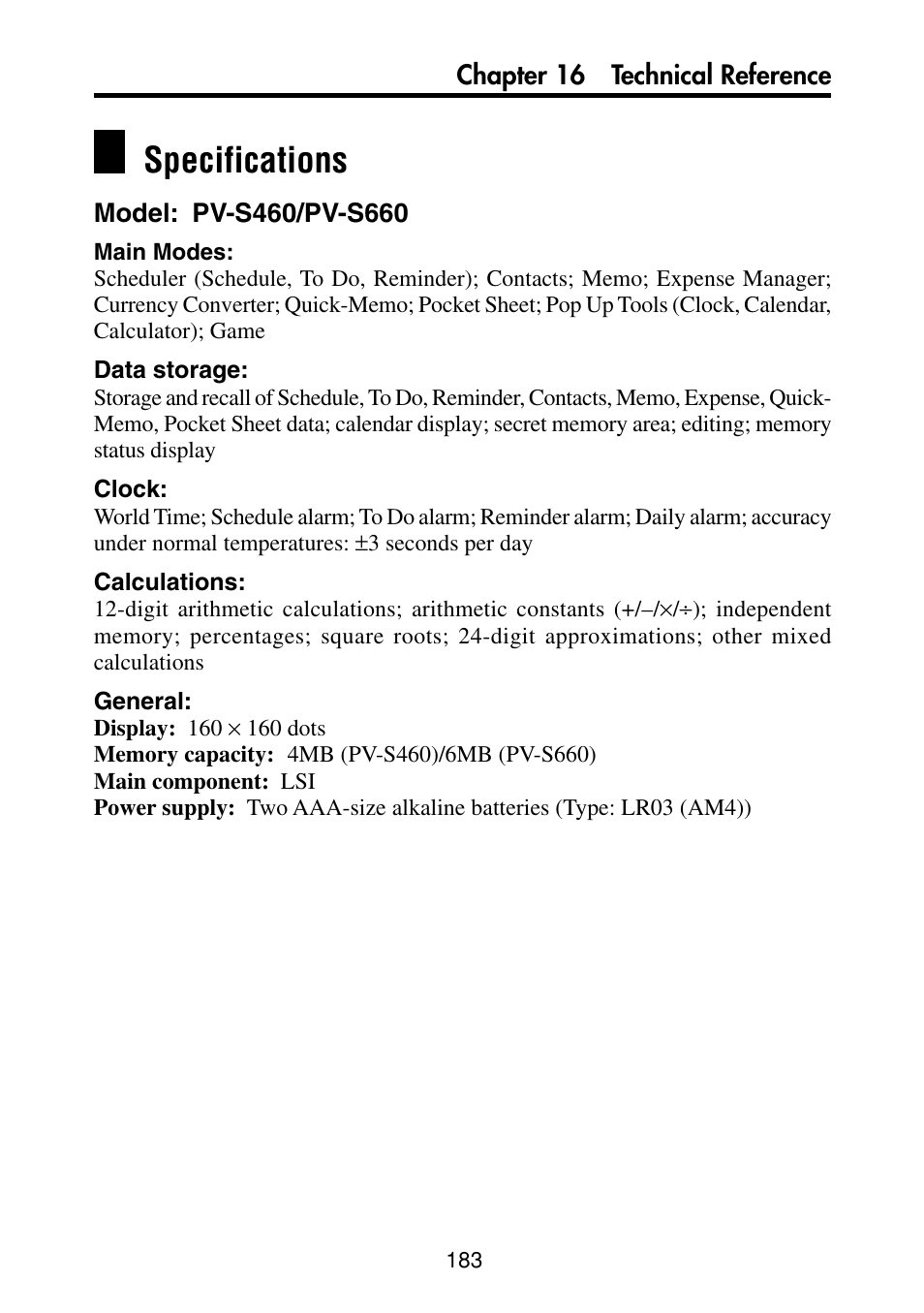Specifications | Casio PV-S460/PV-S660 User Manual | Page 185 / 187