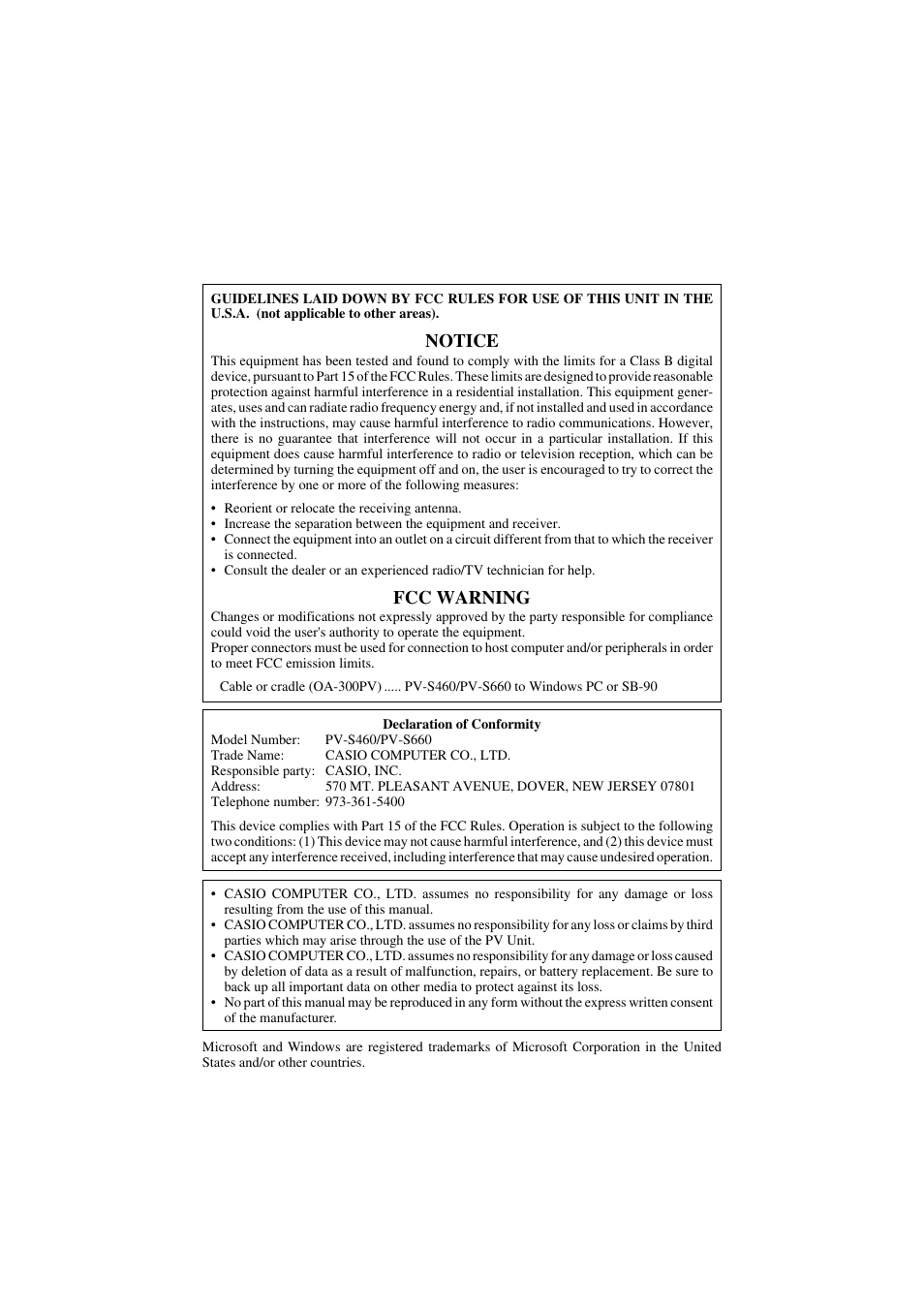 Notice, Fcc warning | Casio PV-S460/PV-S660 User Manual | Page 2 / 187