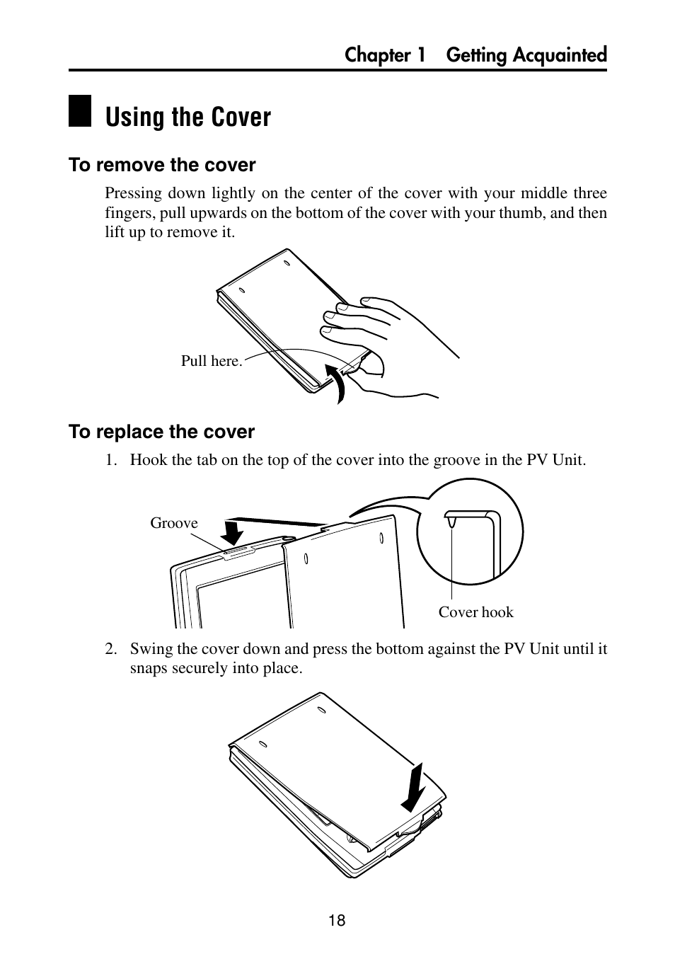 Using the cover, To remove the cover, To replace the cover | Casio PV-S460/PV-S660 User Manual | Page 20 / 187