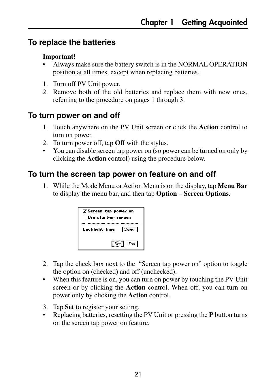 To replace the batteries, To turn power on and off, To turn the screen tap power on feature on and off | Casio PV-S460/PV-S660 User Manual | Page 23 / 187