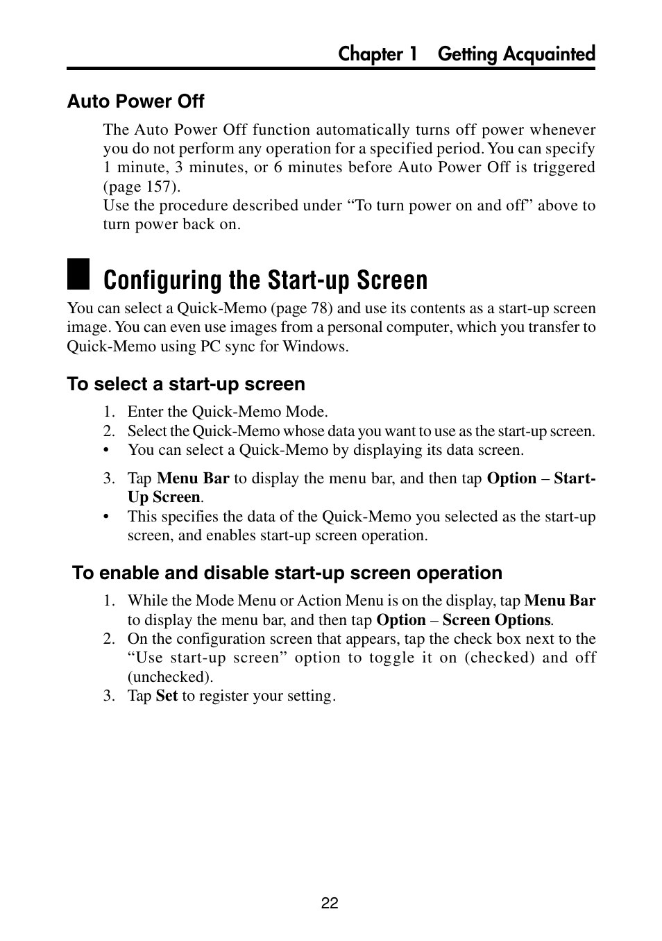 Auto power off, Configuring the start-up screen, To select a start-up screen | To enable and disable start-up screen operation | Casio PV-S460/PV-S660 User Manual | Page 24 / 187