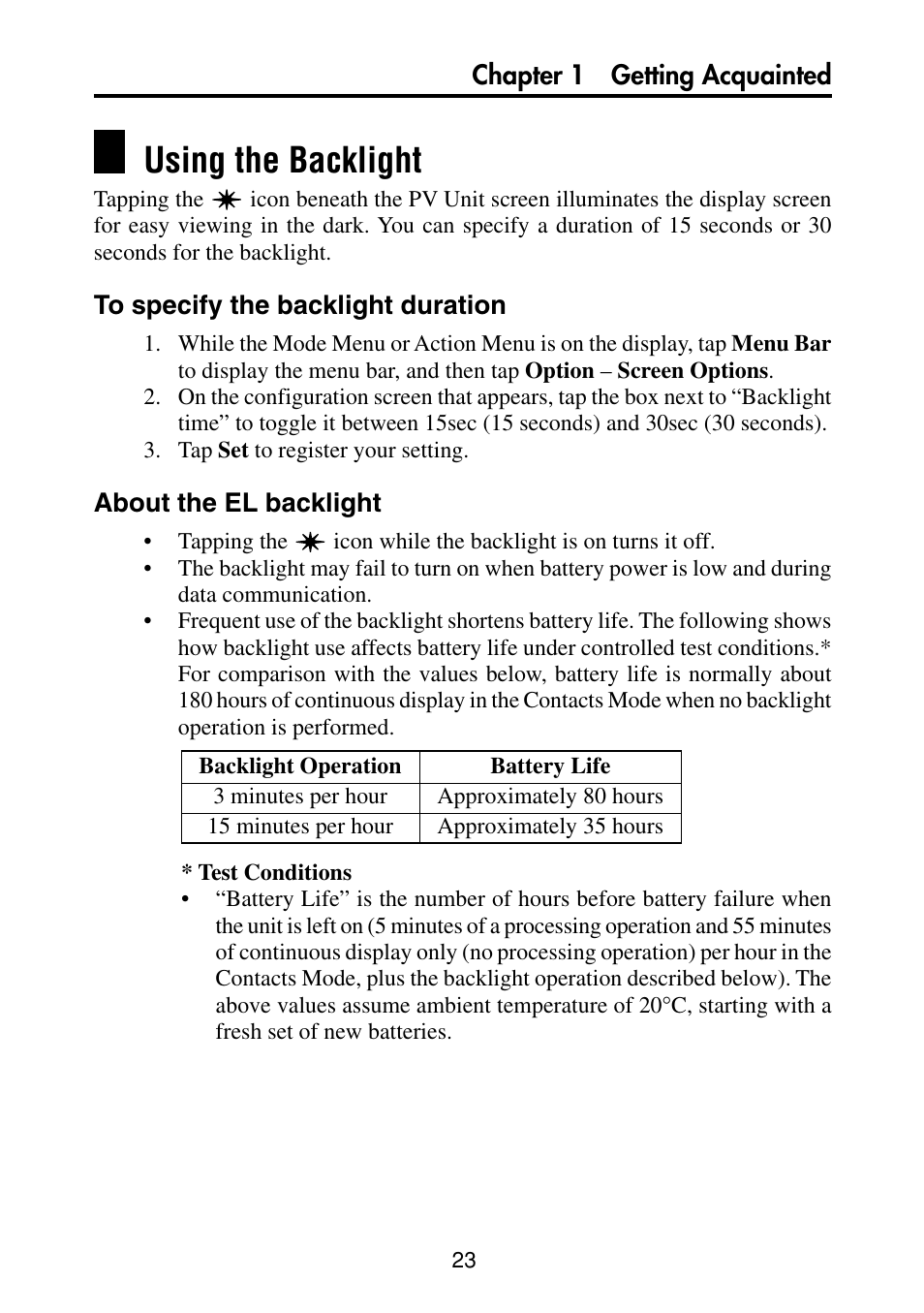 Using the backlight, To specify the backlight duration, About the el backlight | Casio PV-S460/PV-S660 User Manual | Page 25 / 187