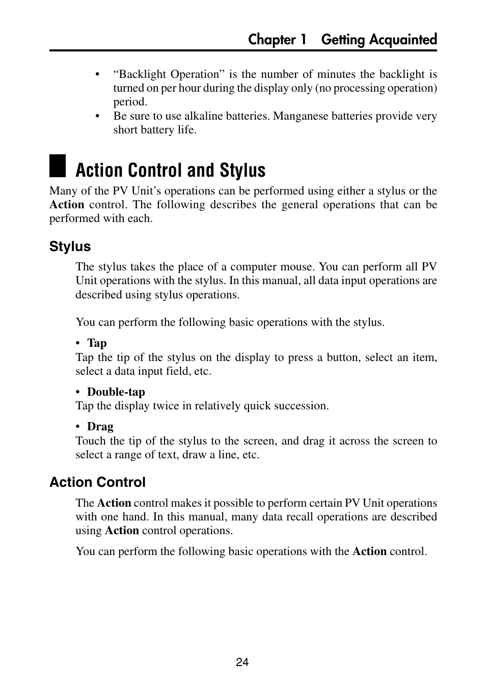 Action control and stylus, Stylus, Action control | Casio PV-S460/PV-S660 User Manual | Page 26 / 187