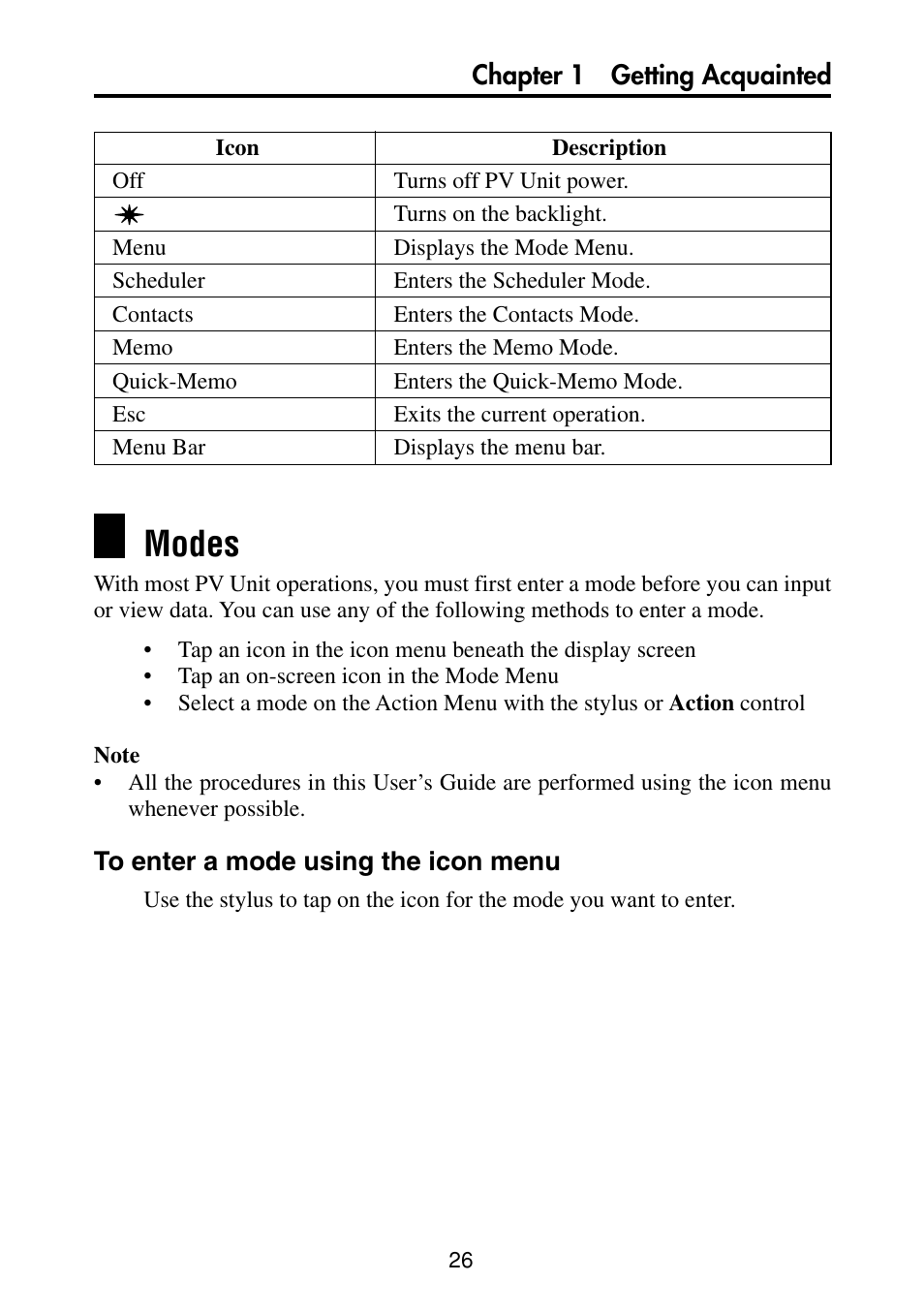 Modes, To enter a mode using the icon menu | Casio PV-S460/PV-S660 User Manual | Page 28 / 187