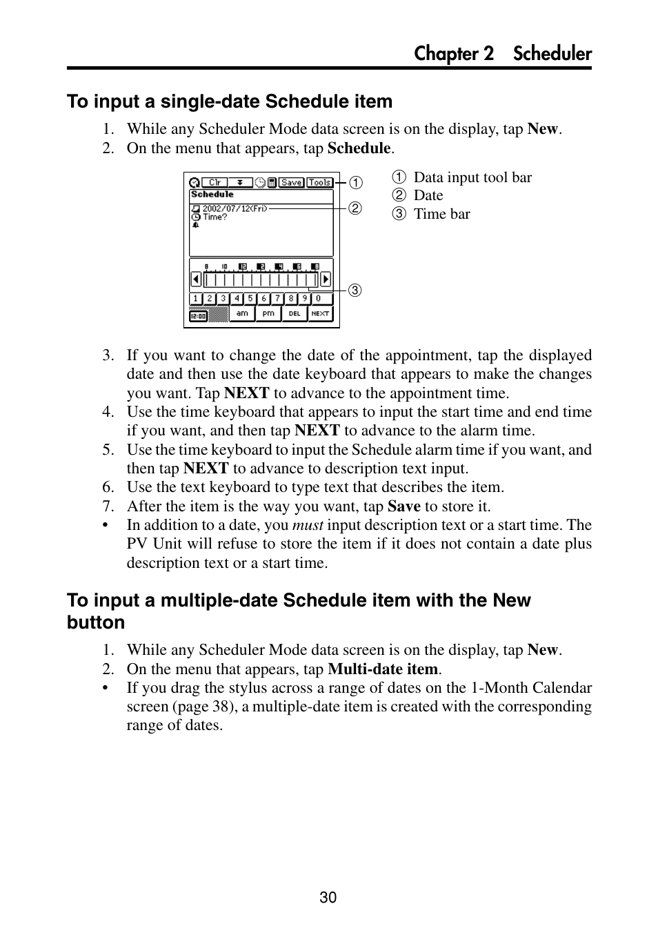 To input a single-date schedule item | Casio PV-S460/PV-S660 User Manual | Page 32 / 187