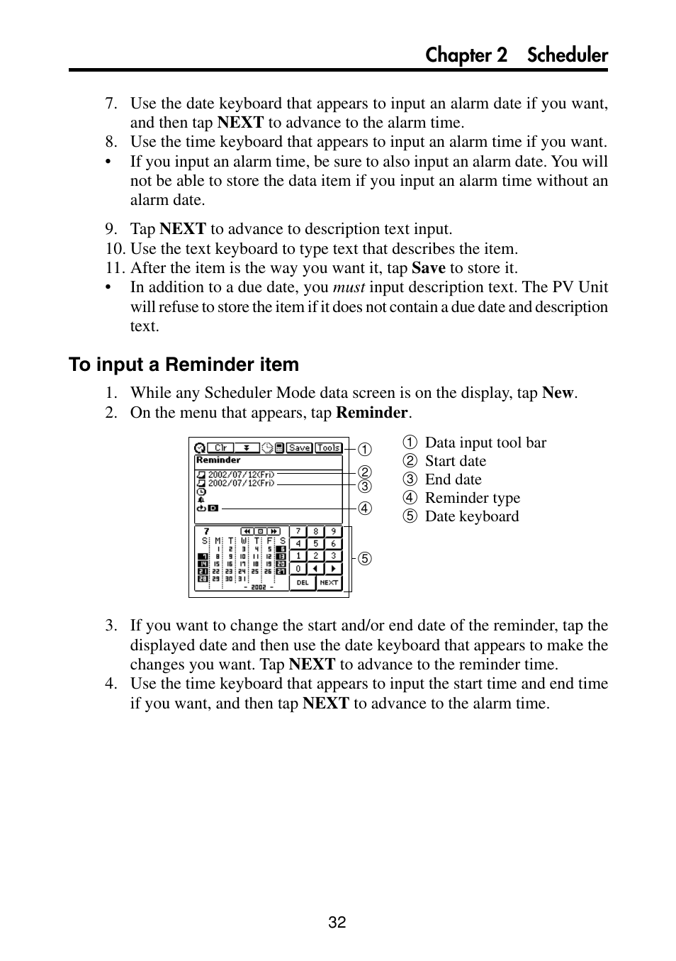 To input a reminder item, Chapter 2 scheduler | Casio PV-S460/PV-S660 User Manual | Page 34 / 187