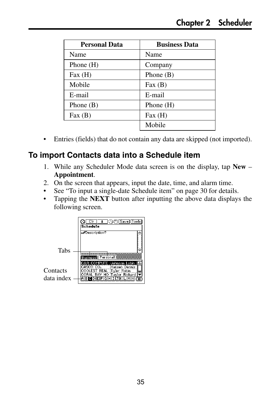 To import contacts data into a schedule item, Chapter 2 scheduler | Casio PV-S460/PV-S660 User Manual | Page 37 / 187