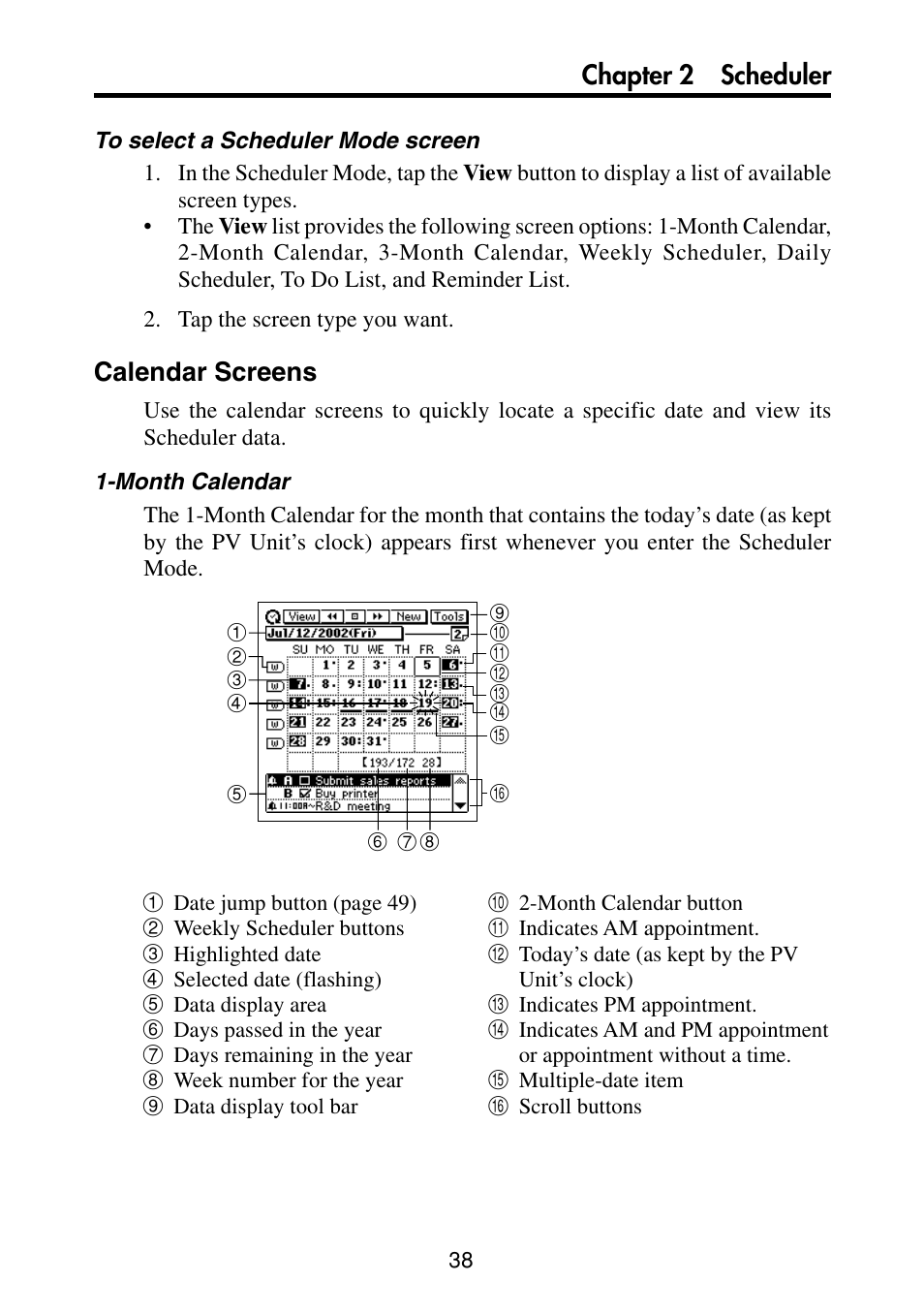 Calendar screens, Chapter 2 scheduler | Casio PV-S460/PV-S660 User Manual | Page 40 / 187