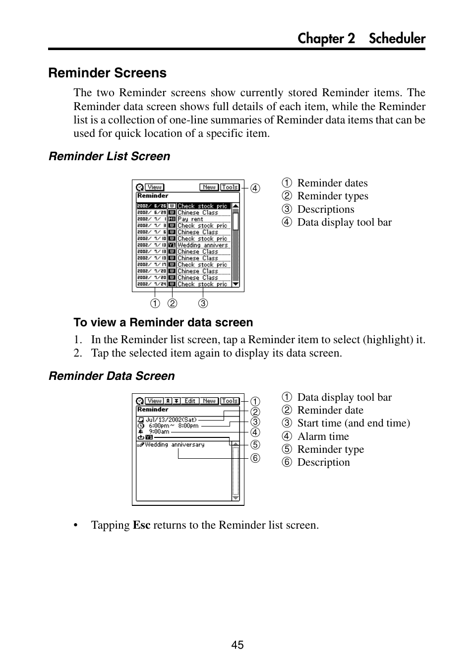 Reminder screens, Chapter 2 scheduler reminder screens | Casio PV-S460/PV-S660 User Manual | Page 47 / 187